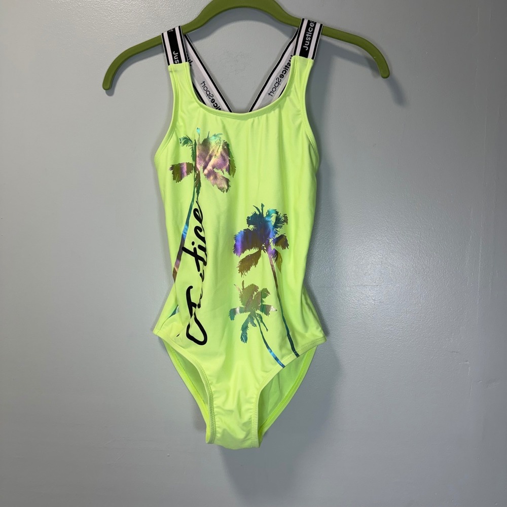 Justice Sport Girls Neon Lime Green Palm Tree One Piece Swimsuit Size L 12/14